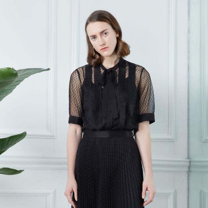 

Obeg Spring/Summer Lace Shirt Sexy Ribbon Mesh Black 165/M/38