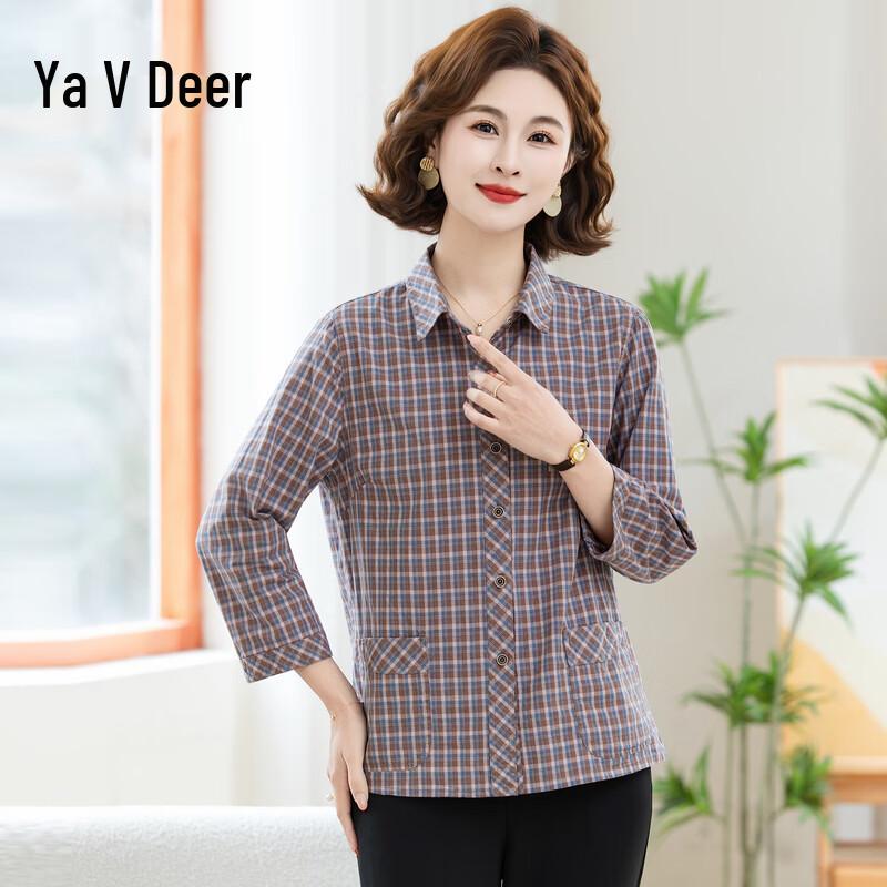 Yalu Women s Summer Plaid Seven-Quarter Sleeve Shirt 4XL