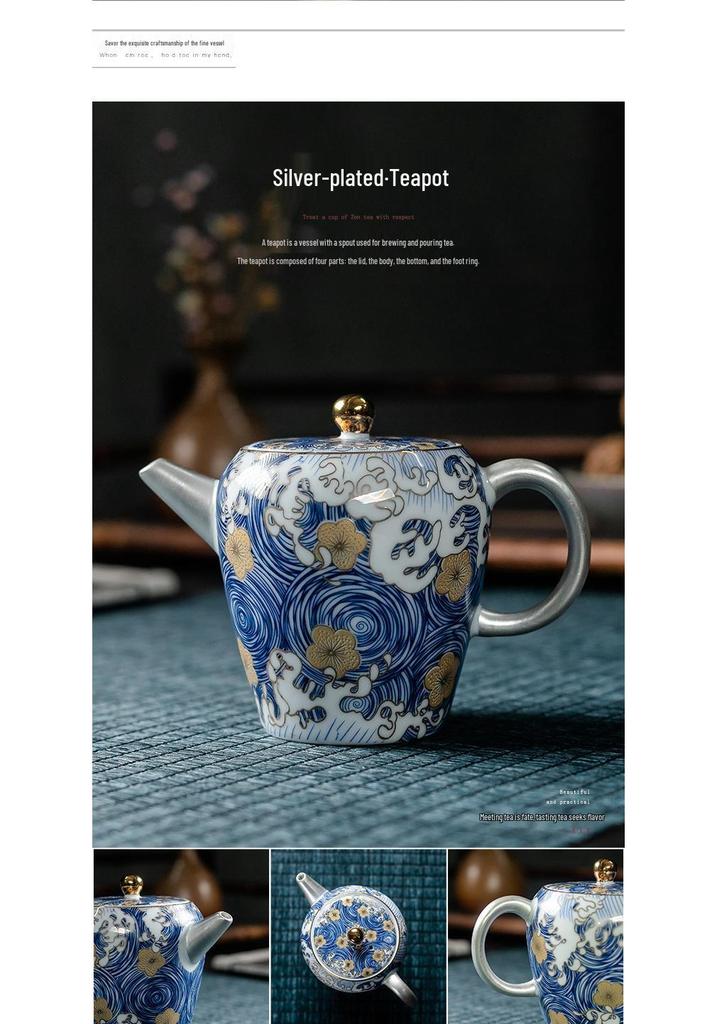 Silver-Plated Ceramic Kung Fu Tea Set: Complete Home Gift Box with Tea Cups and Pot