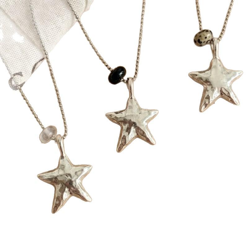Silver Star Metallic Pleated Heart & Stone Necklace - French Luxury Clavicle Chain for Women