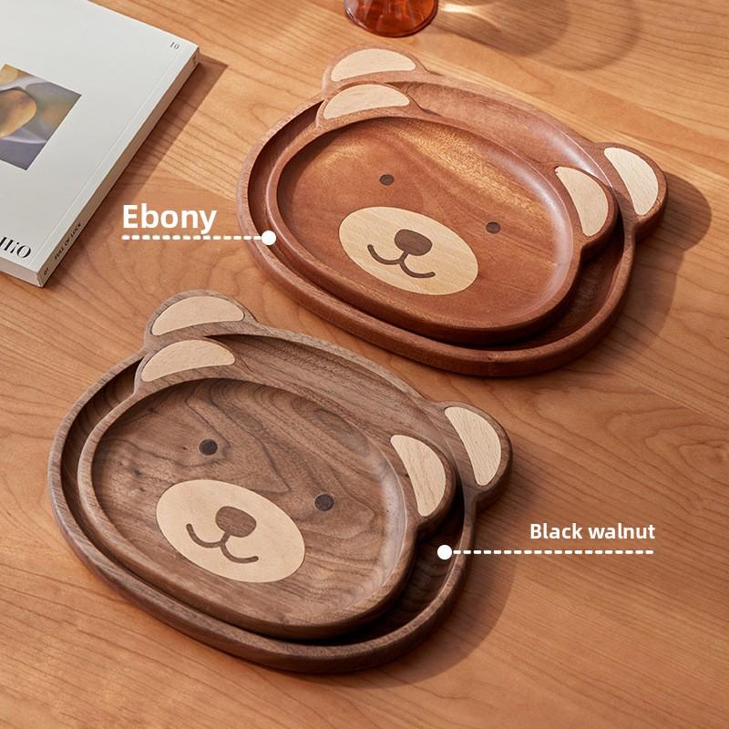 Cute Bear Plate Ebony Walnut Japanese Style High Value Wooden Plate Cartoon Fruit Serving Tray Round Bear Plate