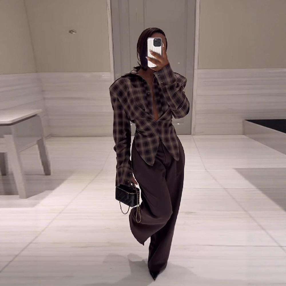 Women's Checkered Shirt with Knot Front Detail In Black and White