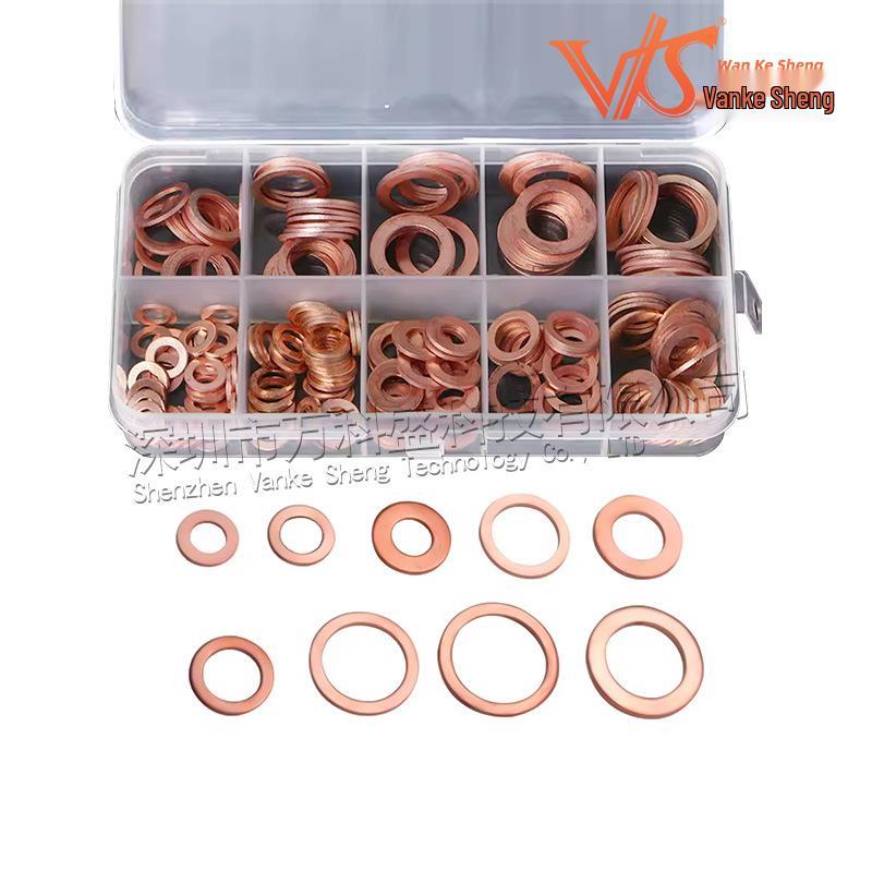 Набор из 200 штук медных уплотнительных прокладок и плоских шайб в коробке