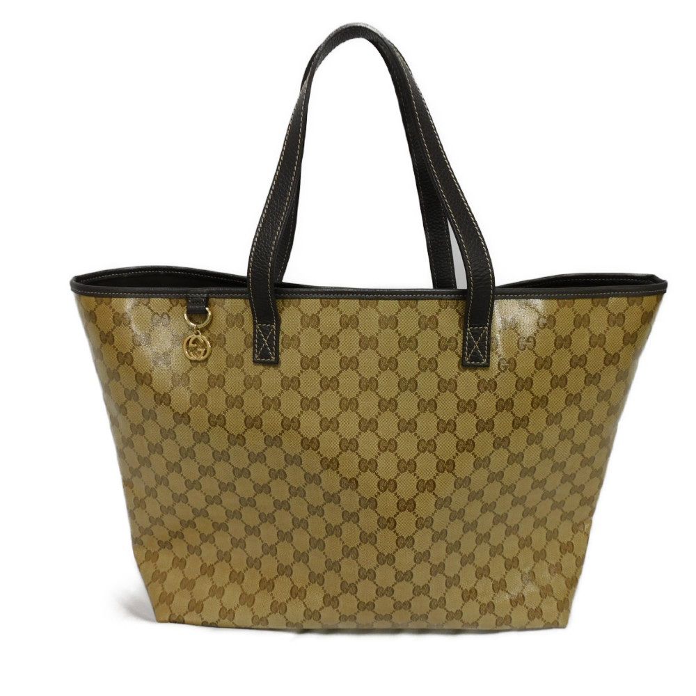 Used 9539 GG Crystal Tote 211525 7924 Brown Plastic Coated Interlocking G Charm Beige Unisex from Japan AUTHENTIC