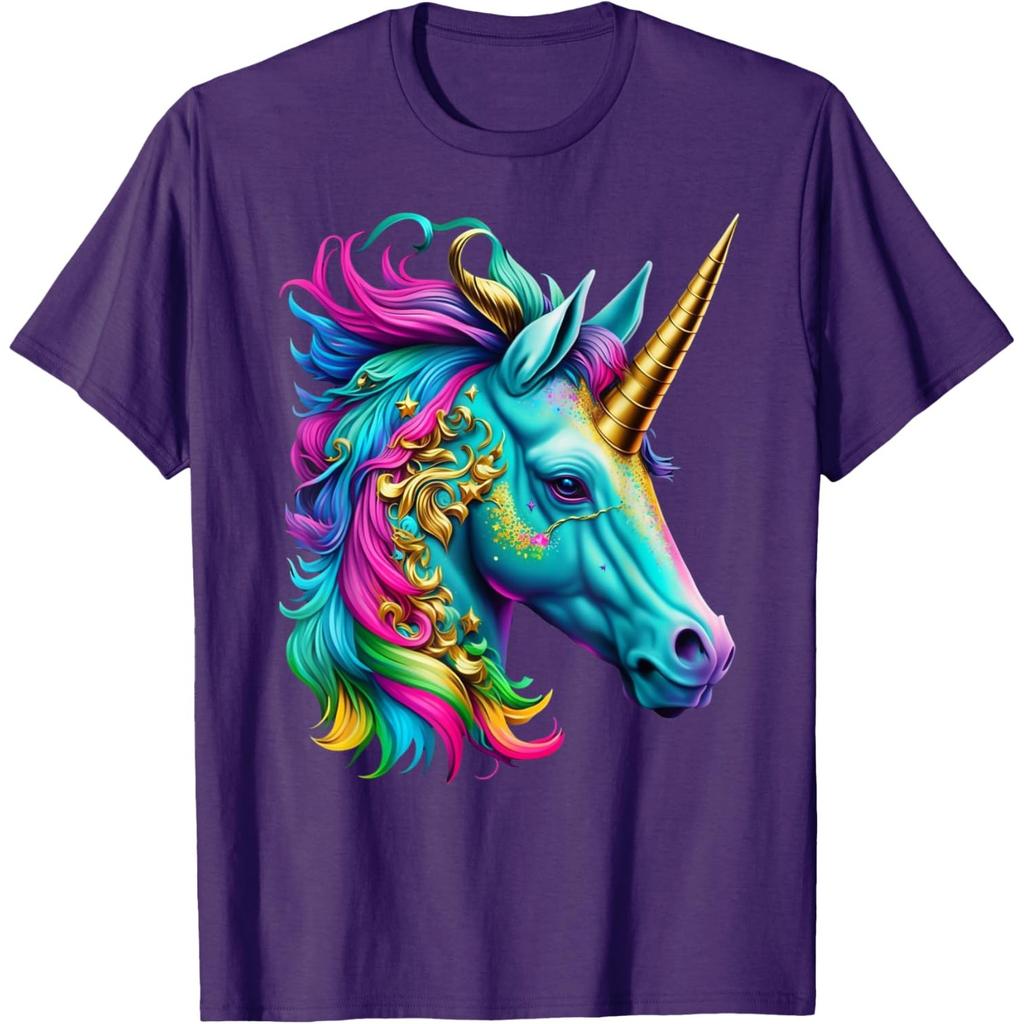 Vibrant Unicorn Head Graphic Tee Men Casual Breathable Pure Cotton Crewneck Tshirt