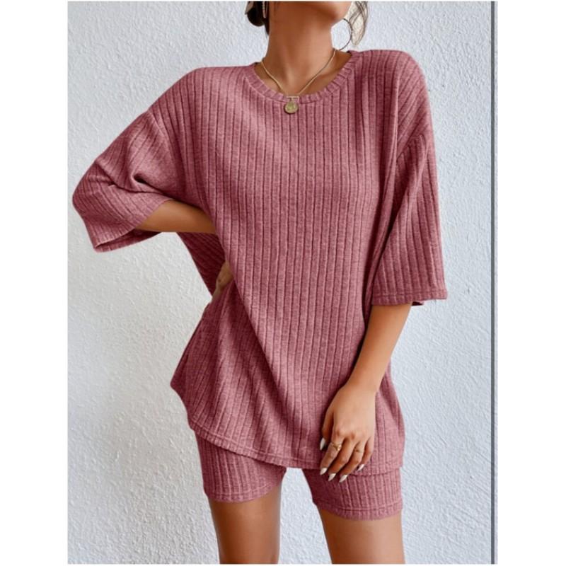 Ensemble Décontracté Femme Printemps/Automne Couleur Unie Haut Ample à Col Rond + Short Ensemble Frais Deux Pièces