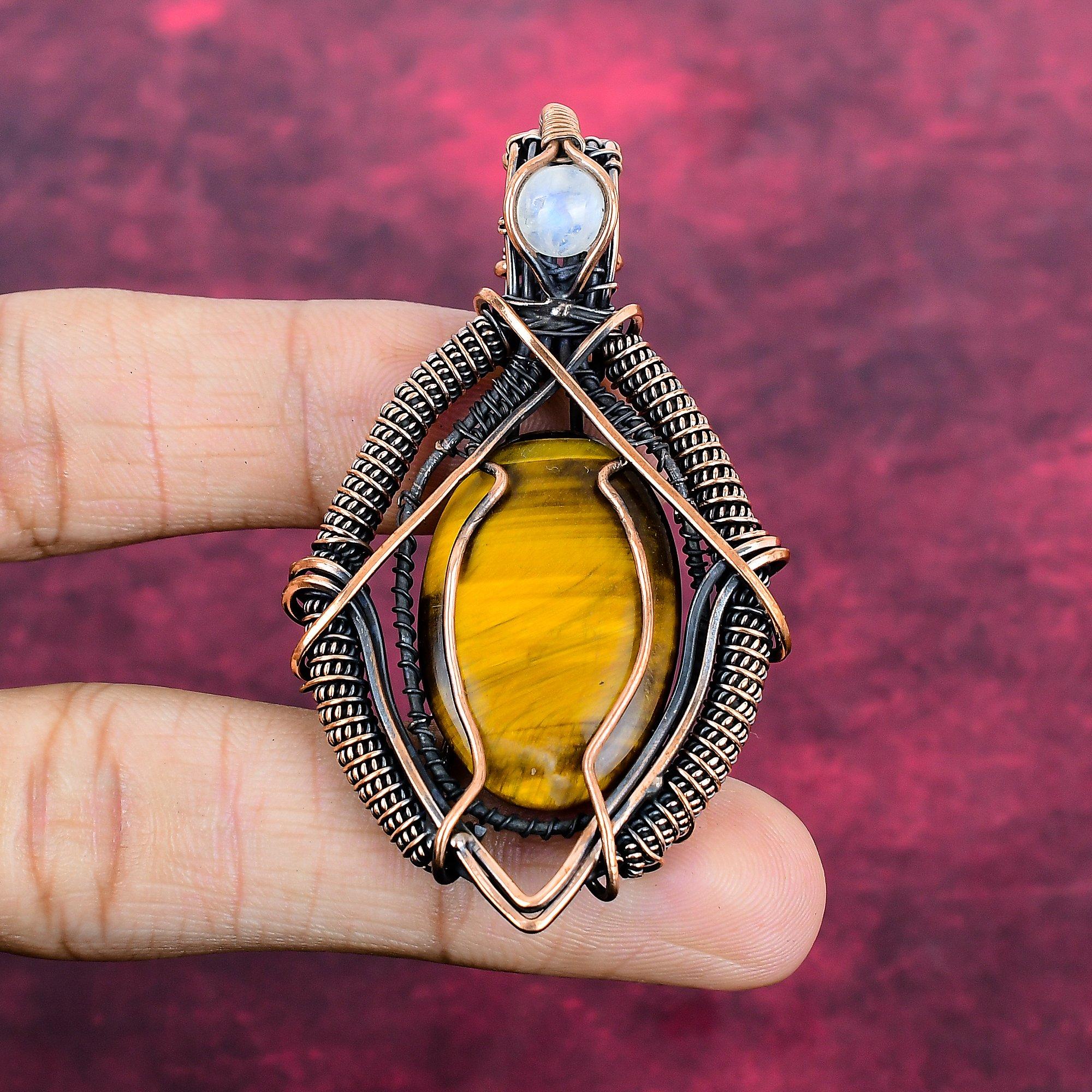 Tiger s Eye Real Gemstone Pendant Copper Wire Wrapped  Rainbow Moonstone Jewelry