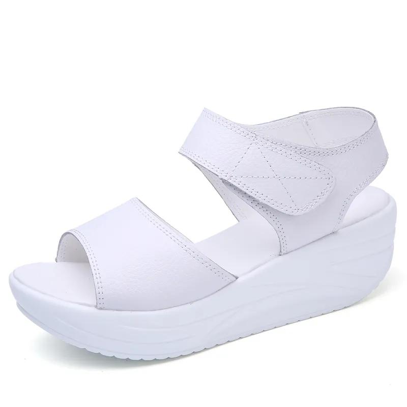 WTEMPO Women Large Size Wedge High Heels Shoes Female Solid Color Buckle Platform Leather Casual Summer Slippers