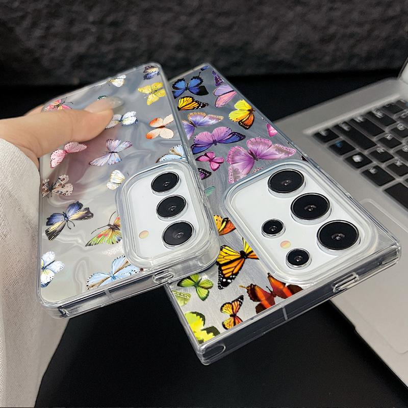 Butterfly Pattern Feather Sparkling Phone Case For Samsung S25 Ultra S24 FE S23 A56 A36 A16 A55 TPU Soft Edge Slim Shockproof Hard PC Bumper Cover
