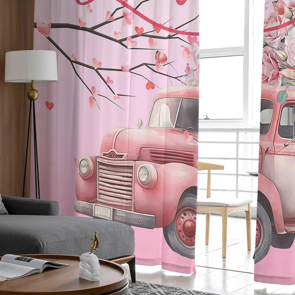 Valentine'S Day Love Truck Rose Branch Sheer Window Curtain Tulle Curtains for Livingroom Bedroom Hotel Home Decor Voile Drapes