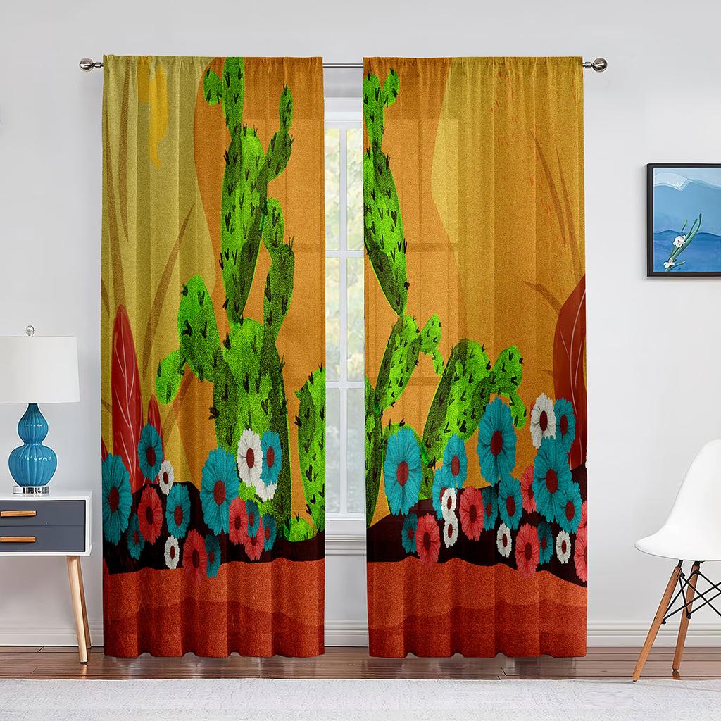 Cartoon Tropical Kaktus Natürliche Vegetation Sheer Voile Vorhänge für Wohnzimmer Schlafzimmer Küche Chiffon Tüll Fenster Vorhänge