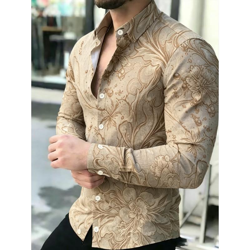 Cămașă Bărbați cu Imprimeu Floare de Bujor, Mânecă Lungă, Guler Slim Fit, Trendy Casual pentru Petrecere