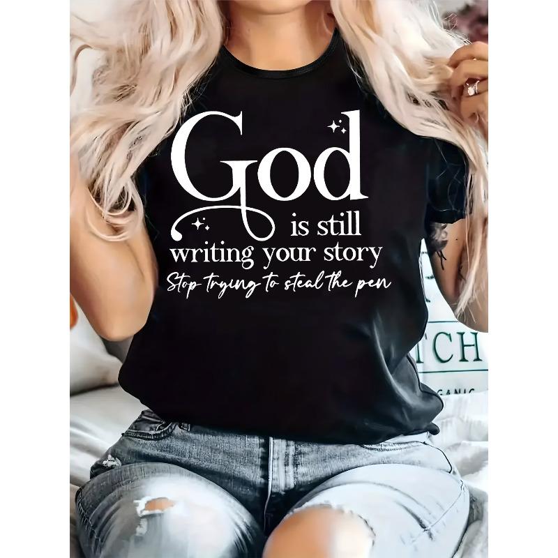 

Plus Size Women S Inspirational T-Shirt - God is Still Writing Your Story Graphic, Casual Crew Neck Short Sleeve Tee, Spring & Summer Fashion S чёрный