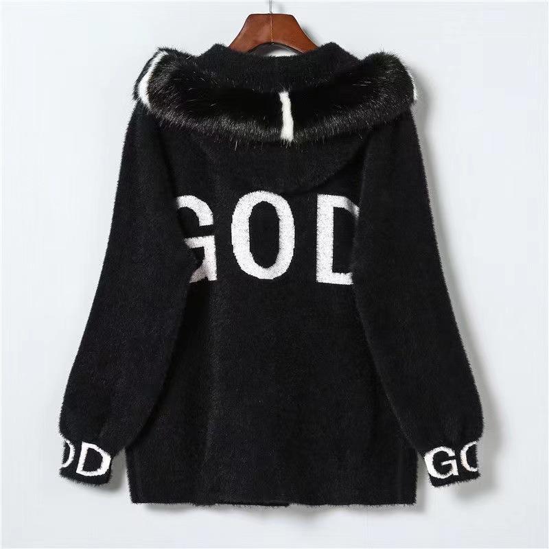 

Зимнее мохеровое пальто для женщин, свободный повседневный вязаный свитер, пальто с капюшоном, женские буквы, толстый теплый длинный кардиган S чёрный