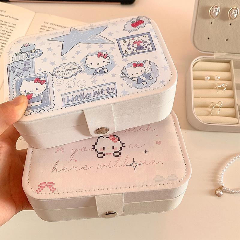 Kawaii Hello Kitty Jewelry Box Earrings Portable Necklace Ring Cute Pu Leather Storage Box Travel Mini Compact Accessory