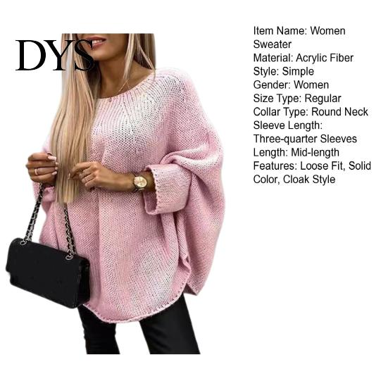 Pullover Sweater Women O-Neck 3/4 Sleeve Cloak Style Tops Mid-length Solid Color Loose Fit Elastic Breathable Knitting Cape
