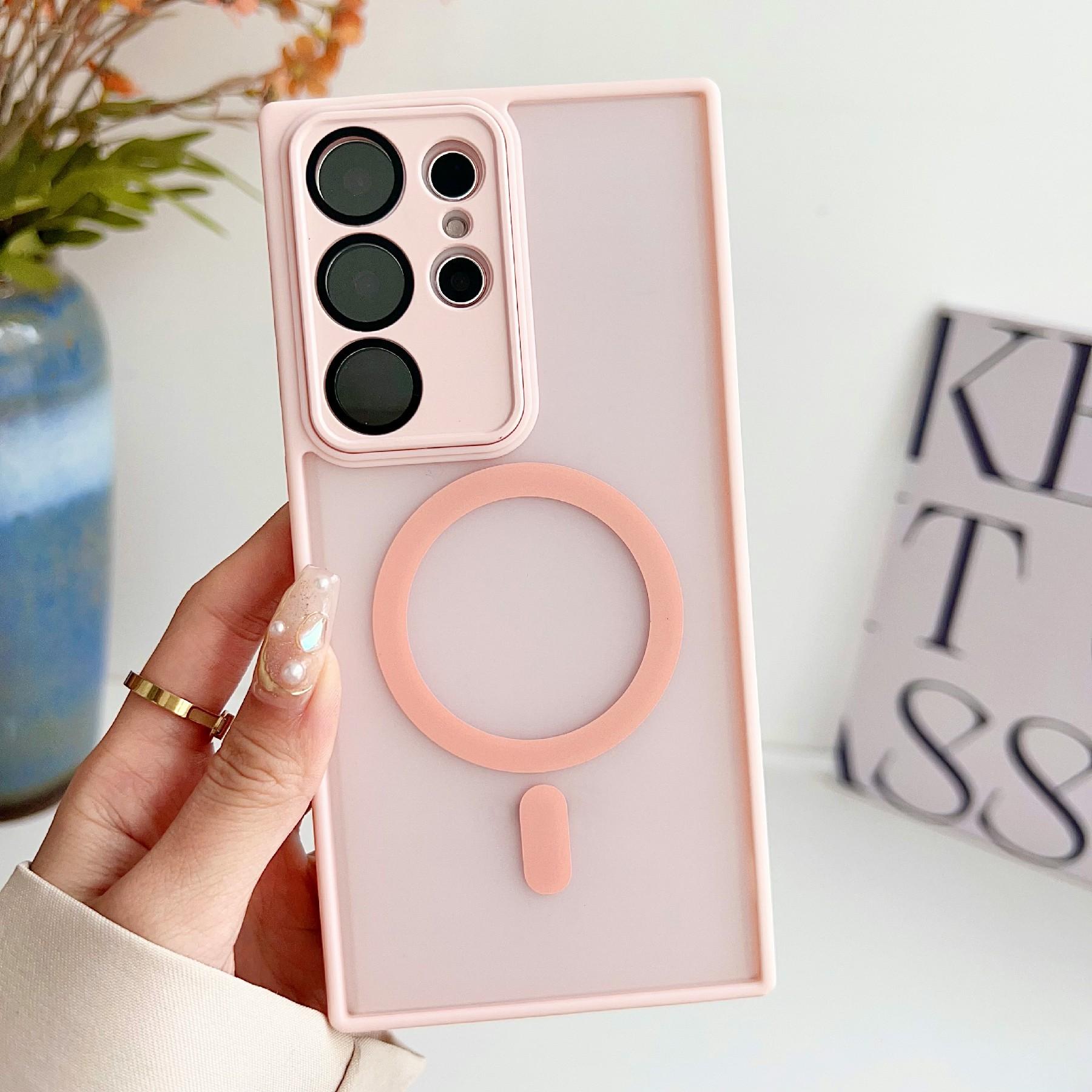 

For Samsung Galaxy S25 Ultra Magnetic Case with Lens Film Skin Touch TPU+PC Phone Back Cover Pink