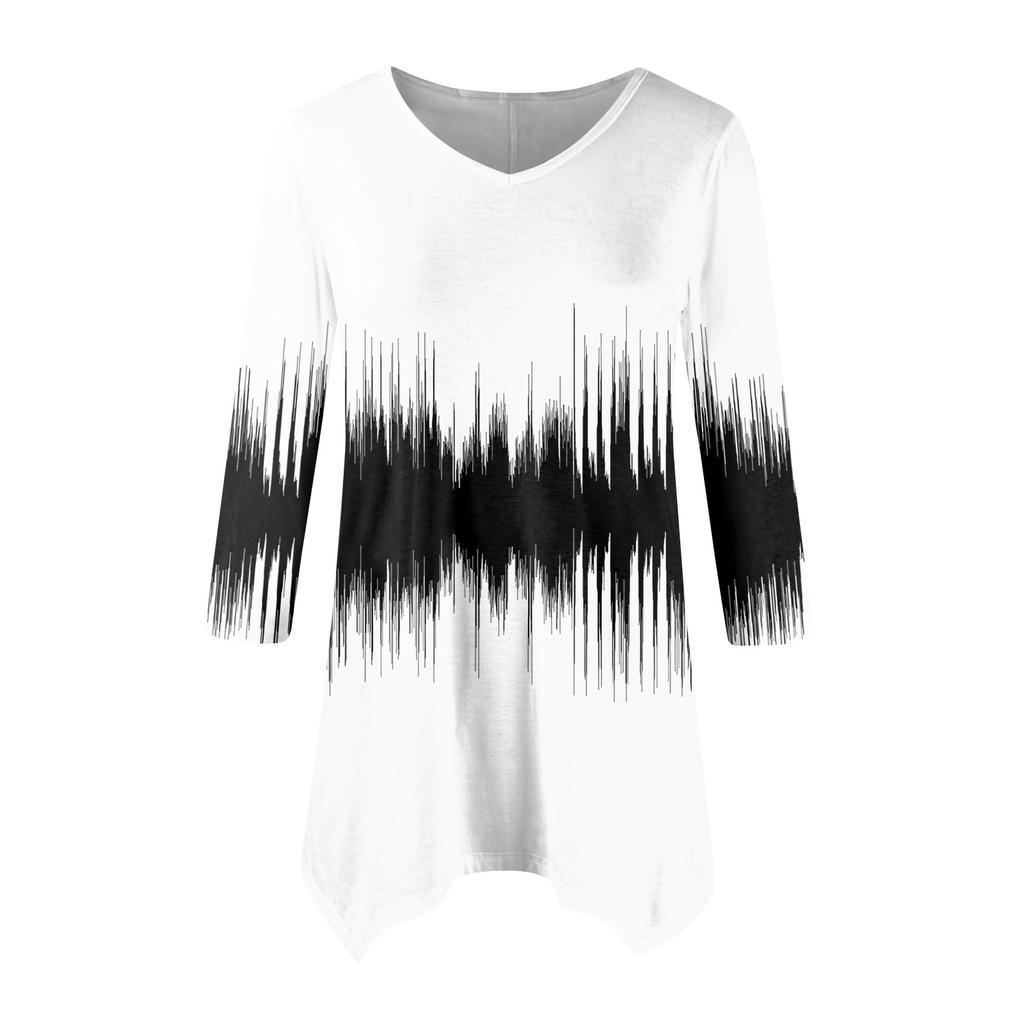 Moda Donna Casual Scollo a V Colore a Contrasto Stampato Manica a Sette Punti Camicia Cinturata Top Ampio Confortevole