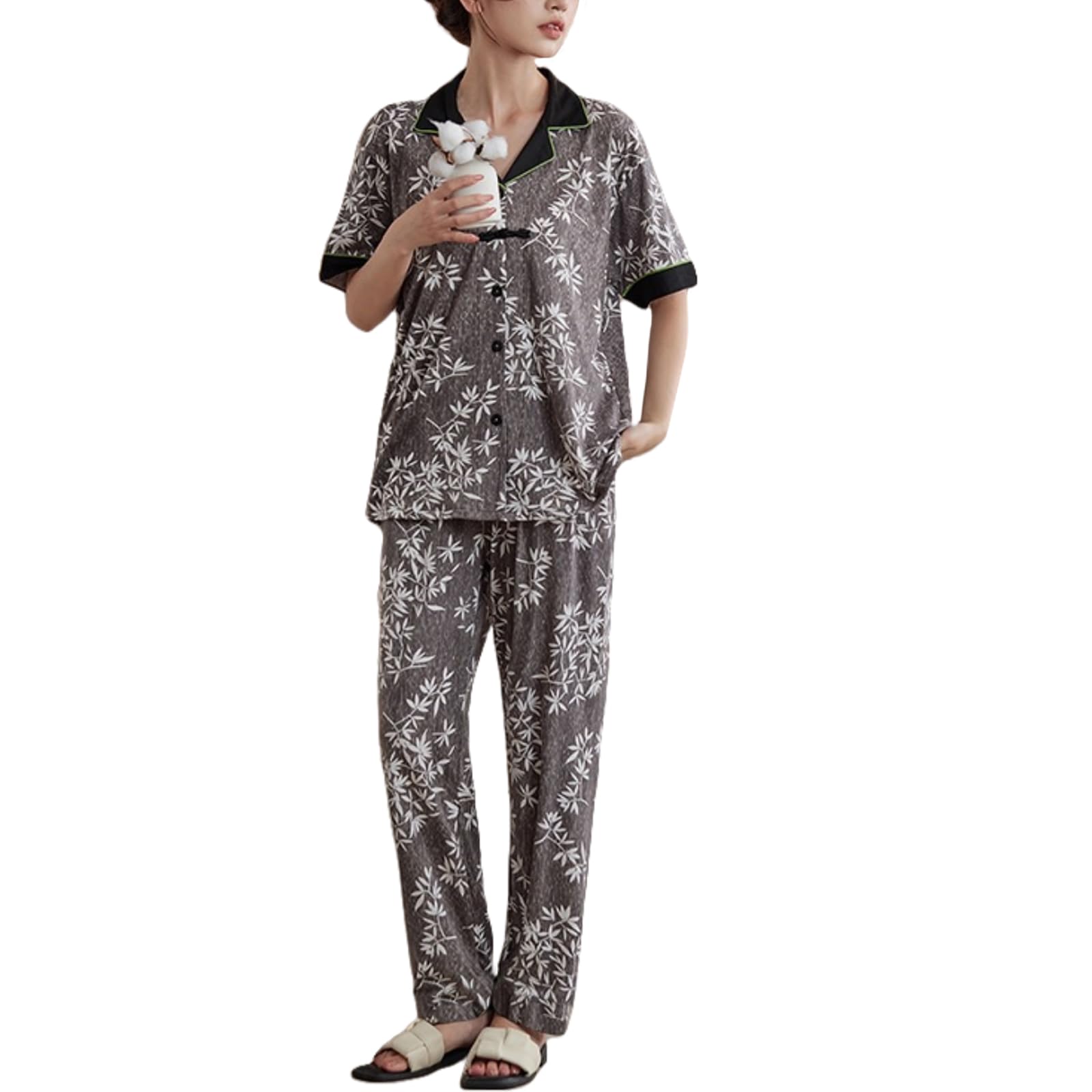 

Pajama and Loungewear Short Sleeve Top and Pants with Chest Open Grace Floral Comfortable [Guo.KK7] Women s 2-Piece Set, Pads, Front, Fashionable, серый