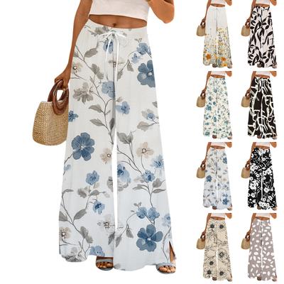 Women's Printed Wide Leg Pants With Pockets High Waist Drawstring Loose Casual Pants