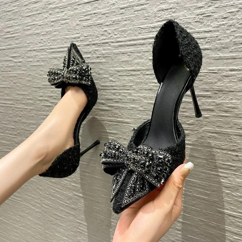 Fashion Luxury Pearl Crystal Bowtie White Wedding Shoes Women Spring Brand Designer High Heels Pumps Woman Thin Heeled Party Shoes