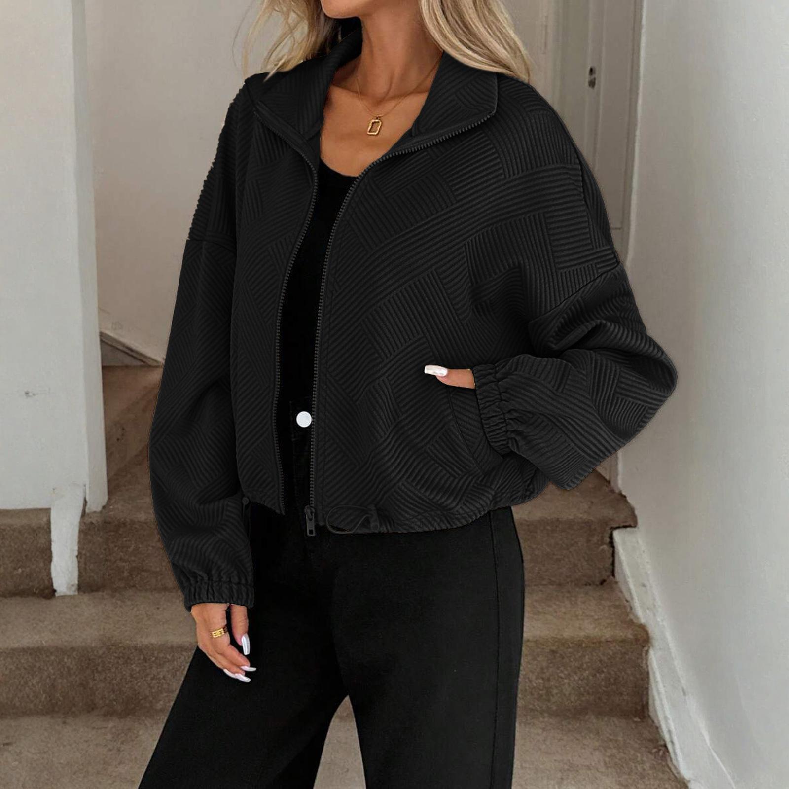 

Women s Fashionable Solid Color Long Sleeved High Neck Zipper Hem Drawstring Pocket Loose Baseball Jacket L чёрный