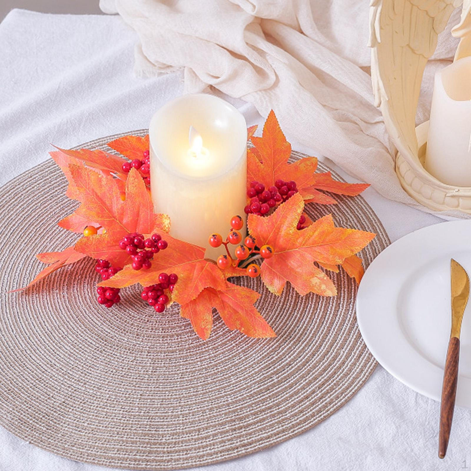 Artificial Maple Candle Garland Leaves Wreath Thanksgiving Ring Holder Fall Orange
