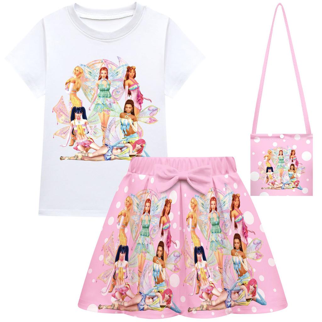 Bambina Ragazza T-shirt Manica Corta con Stampa KATSEYE Gonna Borsa Set di Vestiti