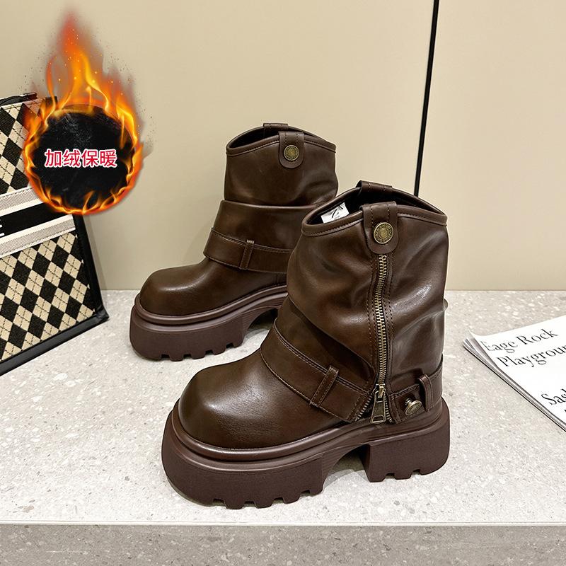 

Ретро ботинки Мартин на толстой подошве 10 см для женщин 2025 новые осенне-зимние увеличивающие рост и стройнящие короткие ботинки, брюки, ботинки Мартин для женщин 40