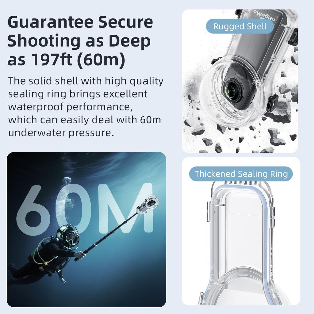 Dive Case for Insta360 X5 Waterproof Housing Cover Underwater 60M Invisible Dive Shell with Lens Cap for Insta360 X5 Accessories