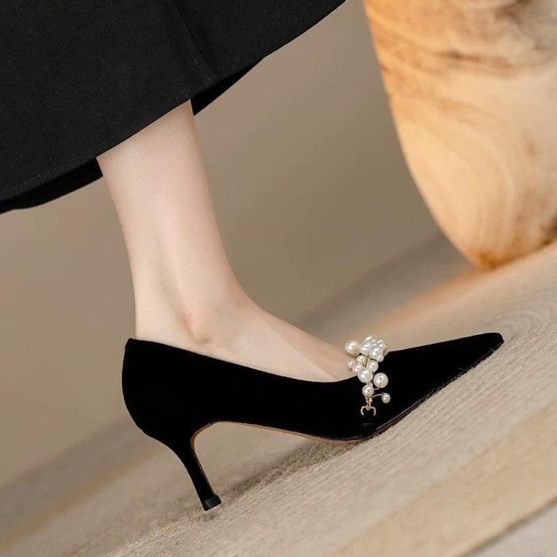 Fashion Spring New Thin Heel Single Shoes Women's Fashion Pointed Suede Beaded Anti-slip Wear-resistant High Heels