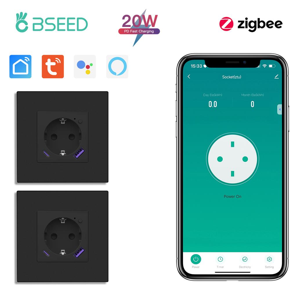 BSEED Zigbee Wall EU Socket Tuya Smart Socket With 20W Type-c USB Power Charging Ports Plastic Matte Frame 1/2/3/4/5/6 Packs