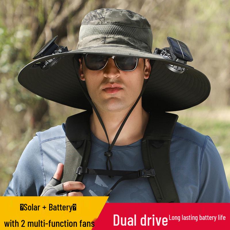 Men's Summer Outdoor Cooling Fan Hat - High Wind Power Sun Protection for Hiking, Fishing, and Mountaineering. Lightweight Fisherman Style.