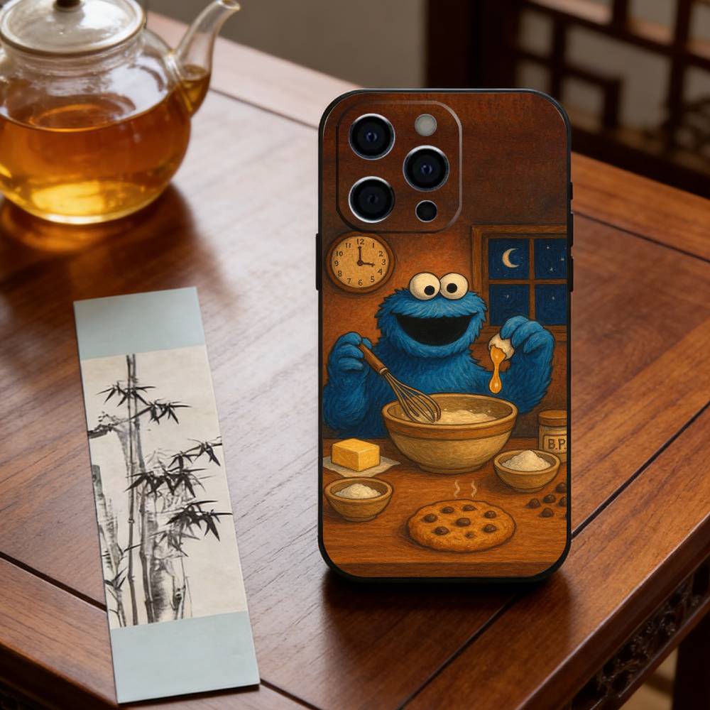 Cute Cartoon C-Cookie Monster Phone Case For iPhone 17, 16,15,14,13,12,11 Plus,Pro Max, Others Soft Black Cover