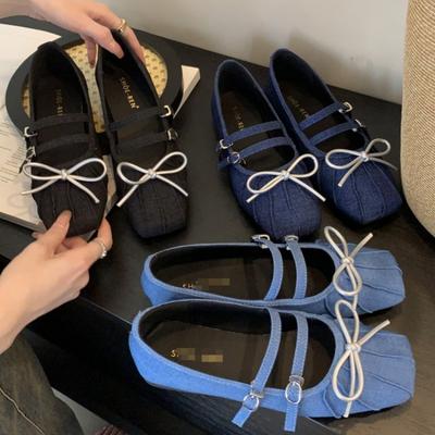 Korean Flat Bottomed Shallow Mouth Denim Single Shoe for Women,  Spring/summer New Square Toe Fashionable Loafers