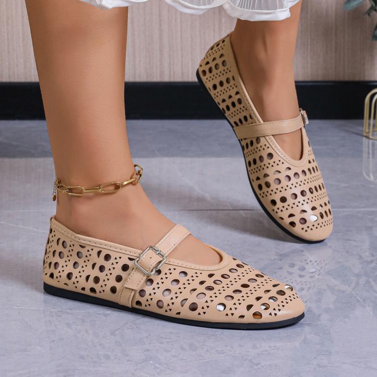 Large Size Shallow Mouth One-word Buckle Belt Hollow Round Head Flat Sole Single Shoes Women's Ballet Shoes Small Leather Shoes