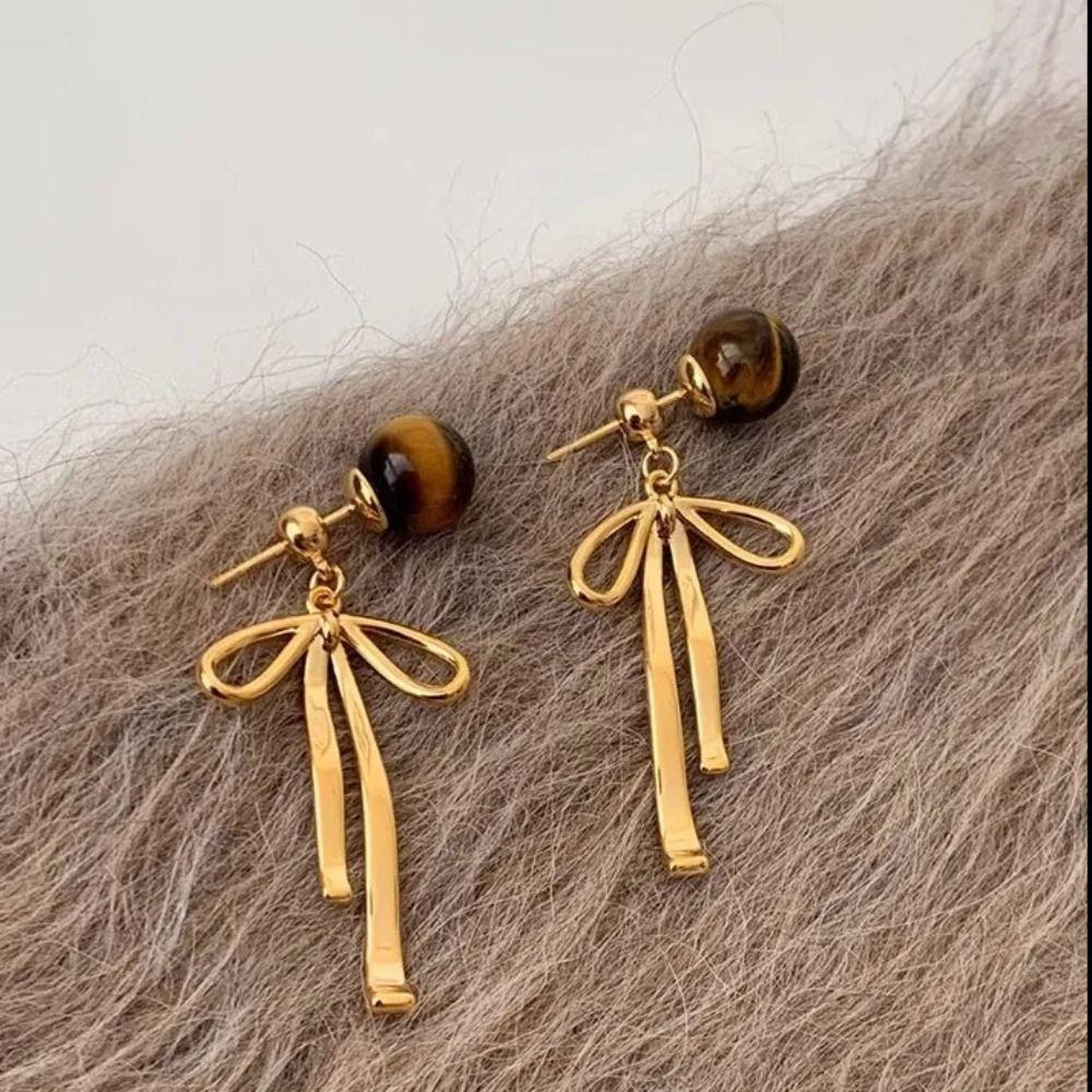 Balletcore Simple Earrings Grey Pearl Piercing Ear Stud Elegant Ribbon Bow Dangle Earrings  Women