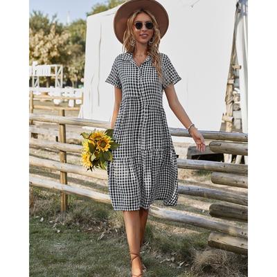 Falda casual con cuello camisero de vestido a cuadros de verano para mujer