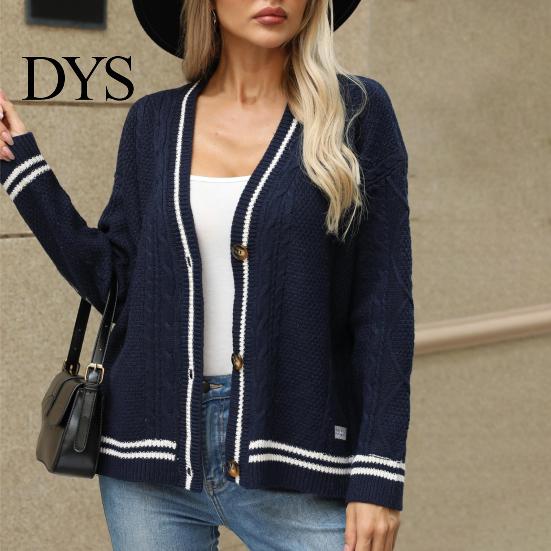Women Casual Sweater Coat V-neck Long Sleeve Twist Texture Knitting Patchwork Color Single Breasted Loose Fit Elastic Outwear Knitwear