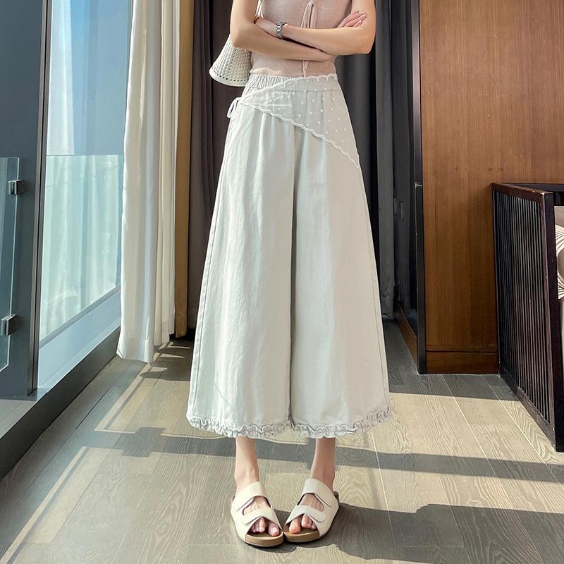 

Korean Lace Patchwork Wide-Leg Pants - High-Waisted, Slimming, Casual, Seven-Eighth Length for Women (Spring/Summer) 2XL абрикосовий