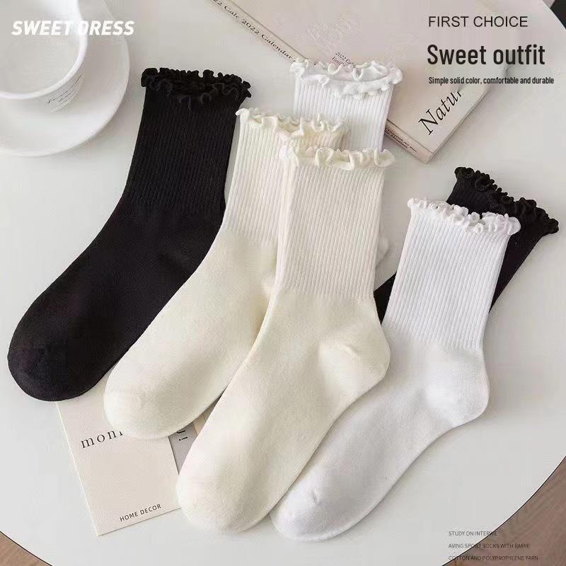 

Wood Ear Lace Women s Mid-Calf Socks - Solid Color, Lightweight, Versatile JK Style Bare Socks