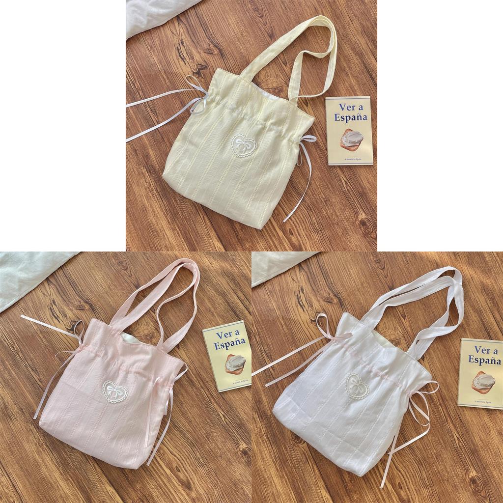 Girl Heart Bowknot Shoulder Bag With Drawstring Cotton Tote For Daily Use