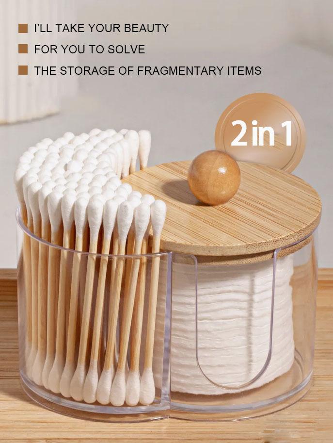 2-in-1 One-piece Bamboo Cover Cotton Swab Box, Makeup Remover Cotton Storage Box, Desktop Cotton Storage Box Round Storage.