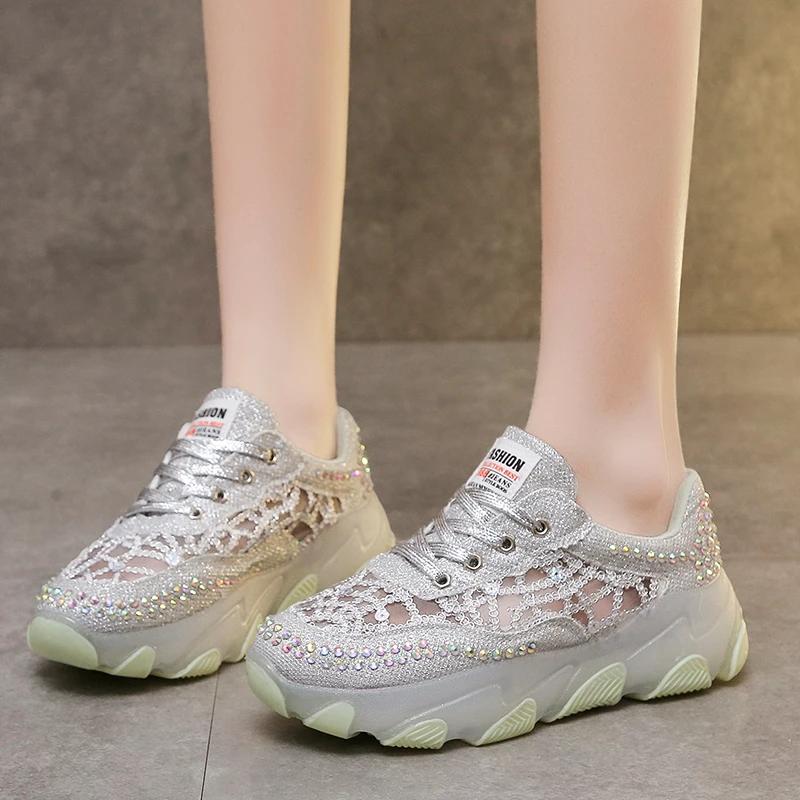 Women's Casual Shoes Lace-up Rhinestones Mesh Upper Women's Sports Shoes Leisure Platform Sole Breathable Zapatillas De Mujer