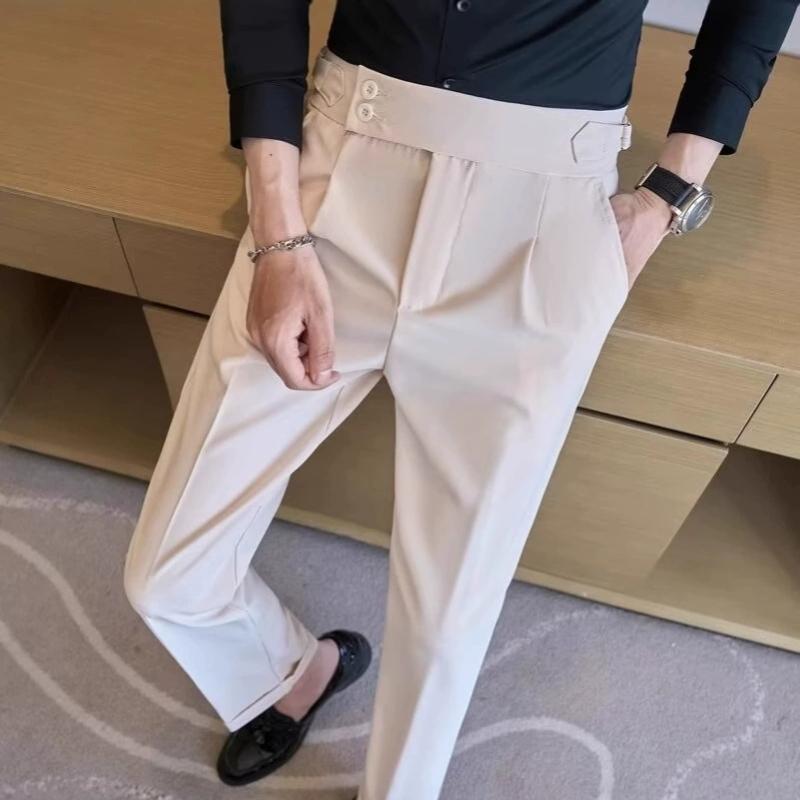 Men's Korean Slim Fit Tapered Trousers Autumn Vintage High Waist Business Solid Color Straight Leg Casual Pants