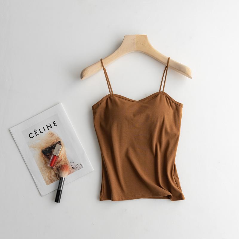 Women Cotton Camisole Tank Top Built-in Padded Bra Spaghetti Strap Basic Undergarment S-XL