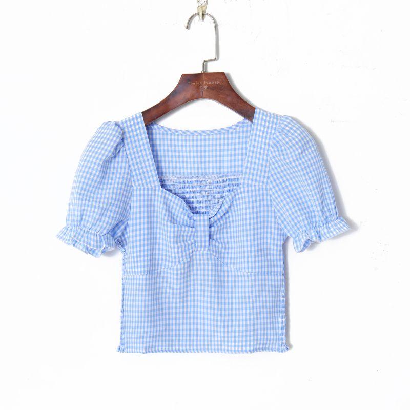 

Age-Reducing Autumn Retro Plaid Slim-Fit Short Shirt Blue grid S
