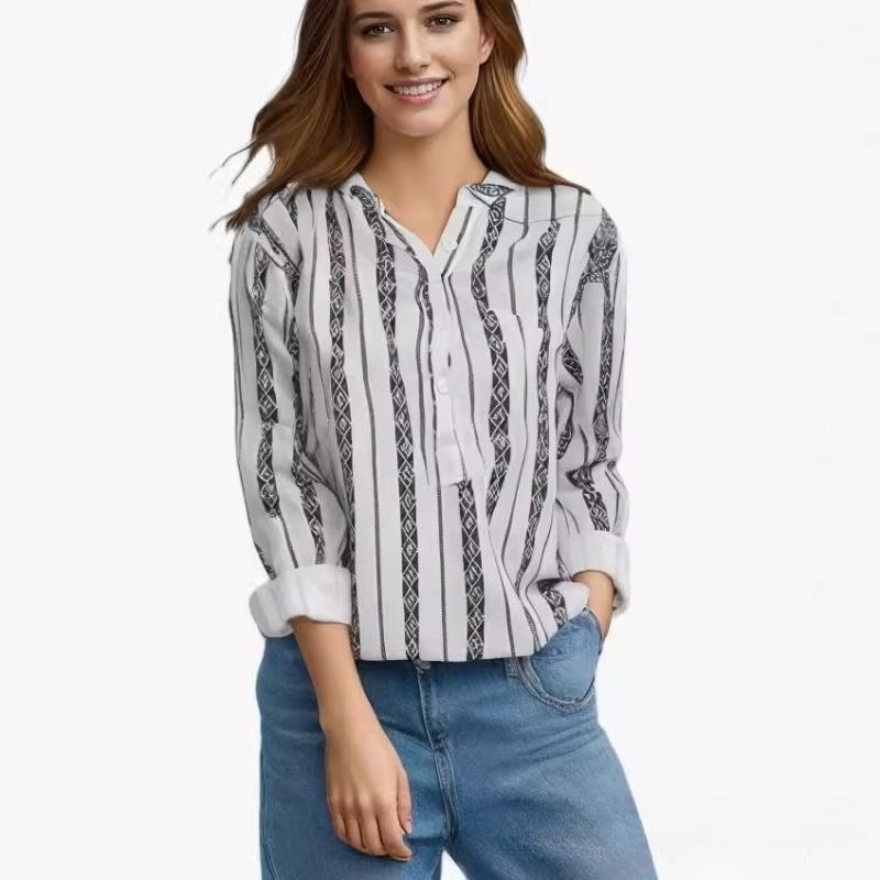 Women's Spring and Summer V-neck T-shirt Striped Printed Button-down Shirt Loose Long-sleeved Top