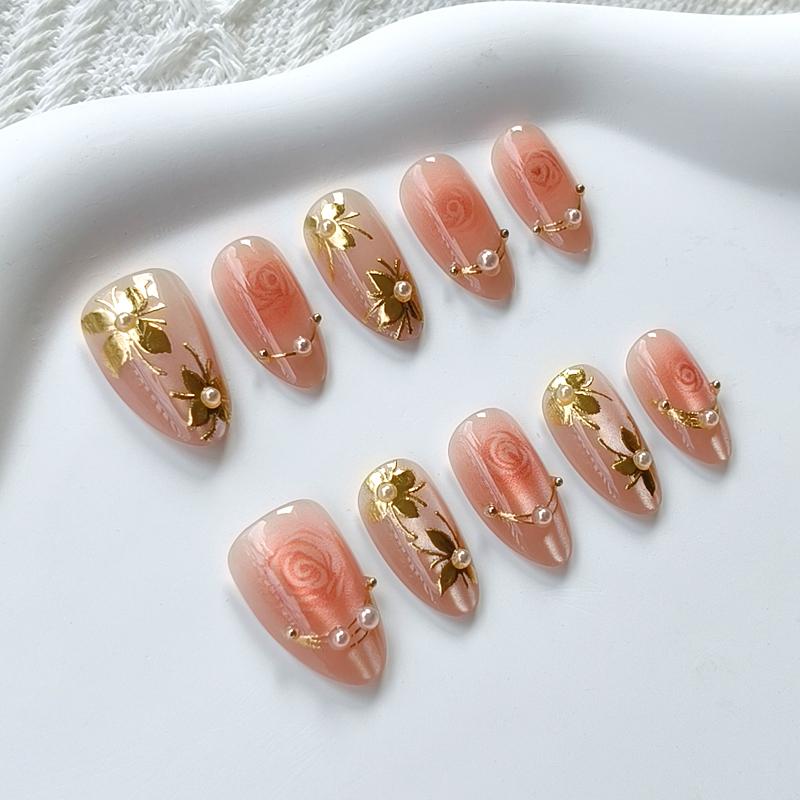 10Pcs French Short Almond Press On Nails Spring Green Gilded Drip Glue Cute Flower Fake Nails