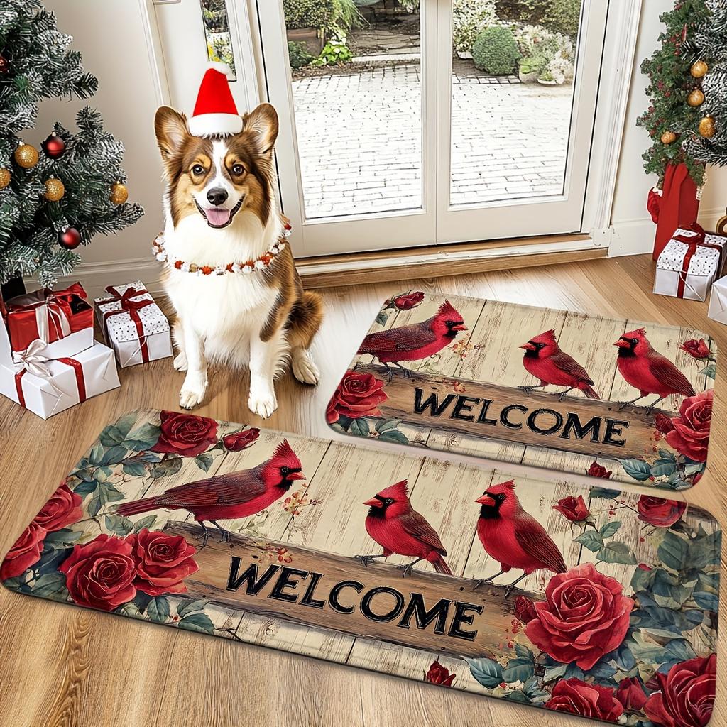 1Pcs Anti Fatigue Kitchen Rugs, Red Cardinals Rose Print Waterproof Non-Slip Thick Cushioned Kitchen Mat Heavy Duty Comfort Standing Mat for Kitchen